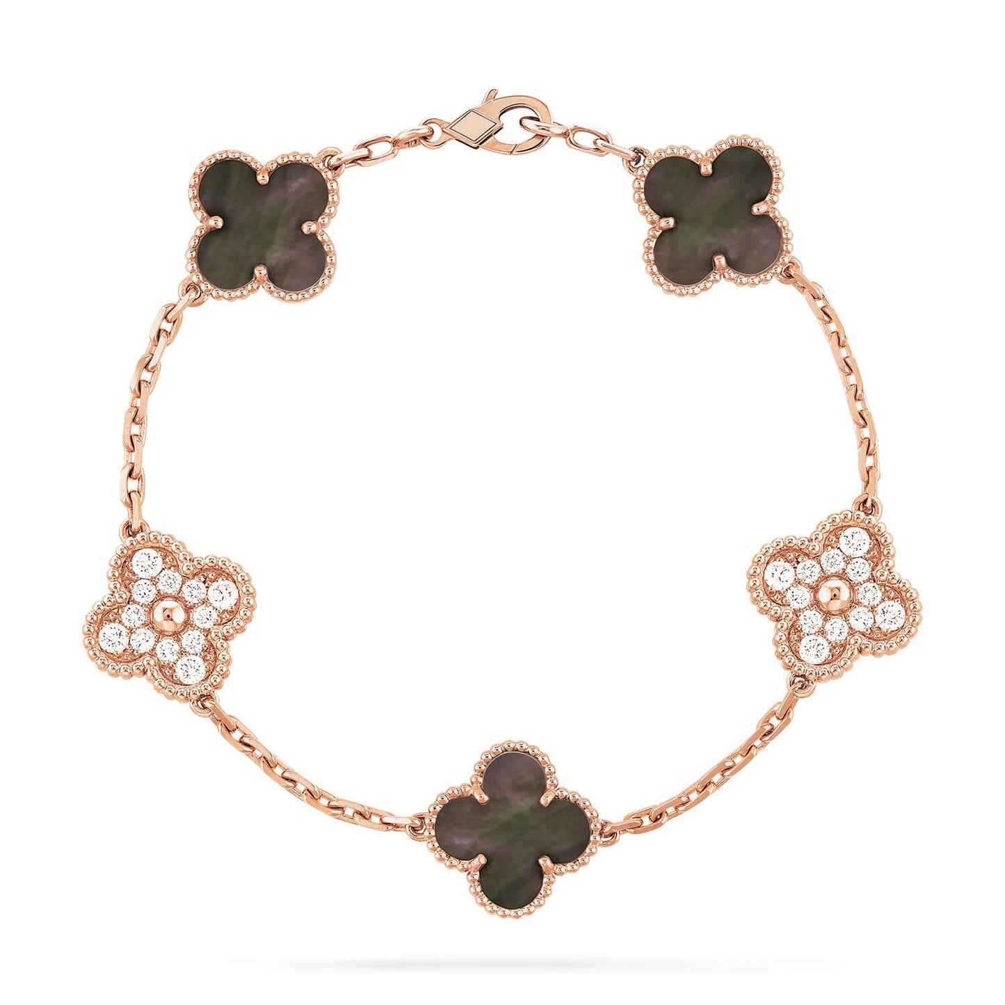 [Okajuri Jewelry]CLOVER 5 MOTIFS DARK MOP AND DIAMONDS PINK GOLD BRACELET
