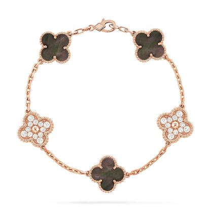 [Okajuri Jewelry]CLOVER 5 MOTIFS DARK MOP AND DIAMONDS PINK GOLD BRACELET