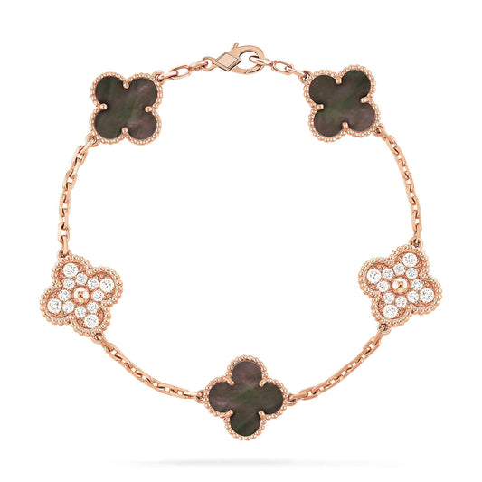 [Okajuri Jewelry]CLOVER 5 MOTIFS DARK MOP AND DIAMONDS PINK GOLD BRACELET