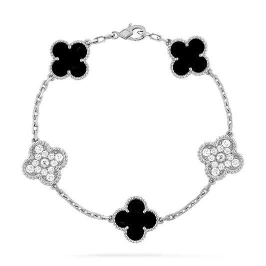 [Okajuri Jewelry]CLOVER 5 MOTIF ONYXS DIAMOND BRACELET SILVER