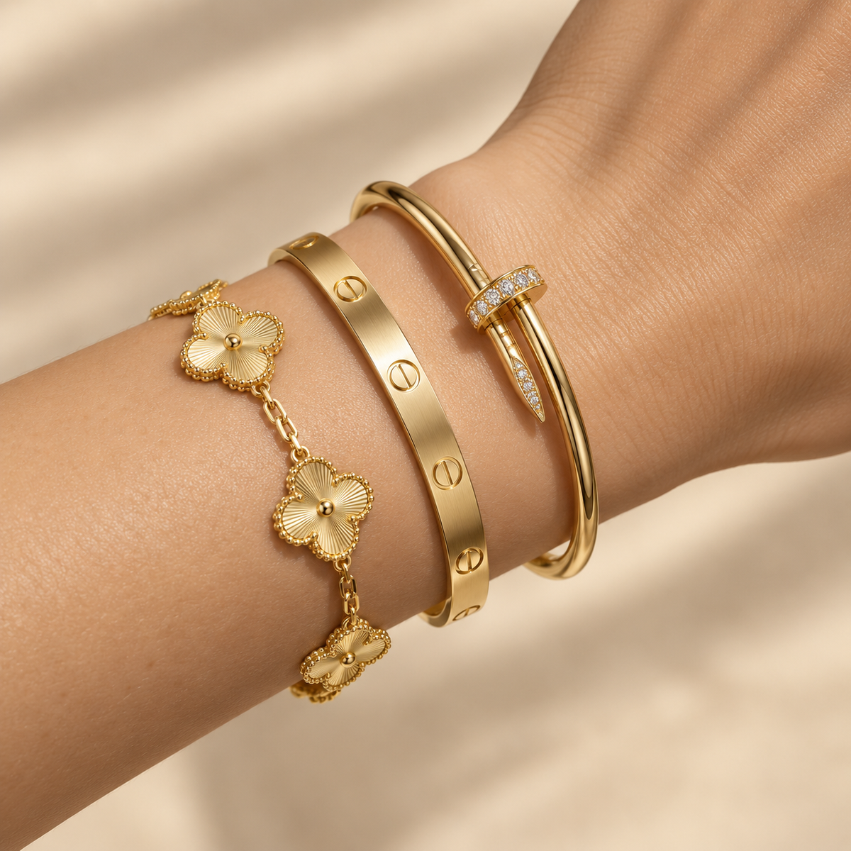 [Oakjuri™ Jewelry] ] Clover & Love & Juste 3-Piece Gold Bracelet Stack Set