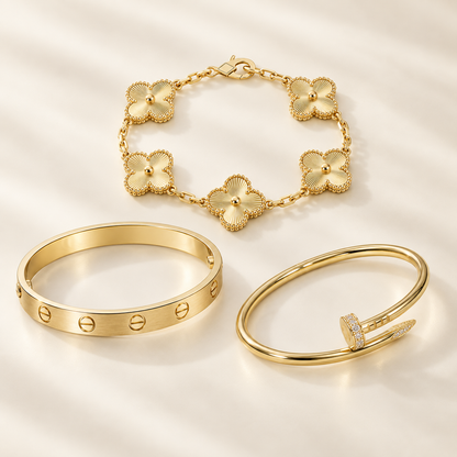 [Oakjuri™ Jewelry] ] Clover & Love & Juste 3-Piece Gold Bracelet Stack Set