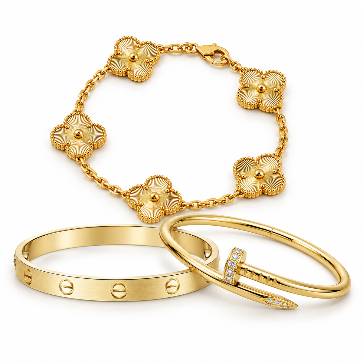 [Oakjuri™ Jewelry] ] Clover & Love & Juste 3-Piece Gold Bracelet Stack Set