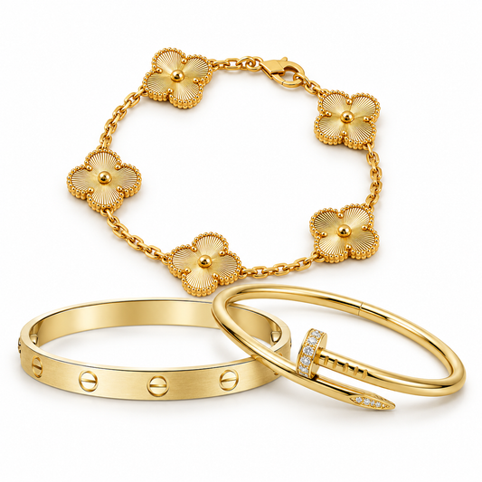 [Oakjuri™ Jewelry] ] Clover & Love & Juste 3-Piece Gold Bracelet Stack Set