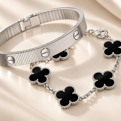 [Oakjuri™ Jewelry] ]Clover & Love Sliver 2-Piece Bracelet Stack Set