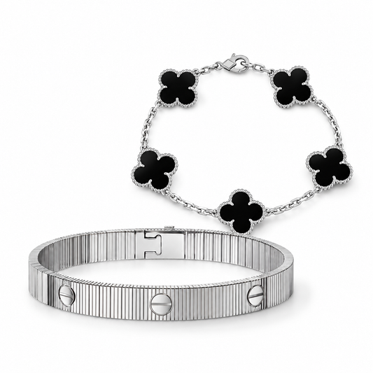 [Oakjuri™ Jewelry] ]Clover & Love Sliver 2-Piece Bracelet Stack Set