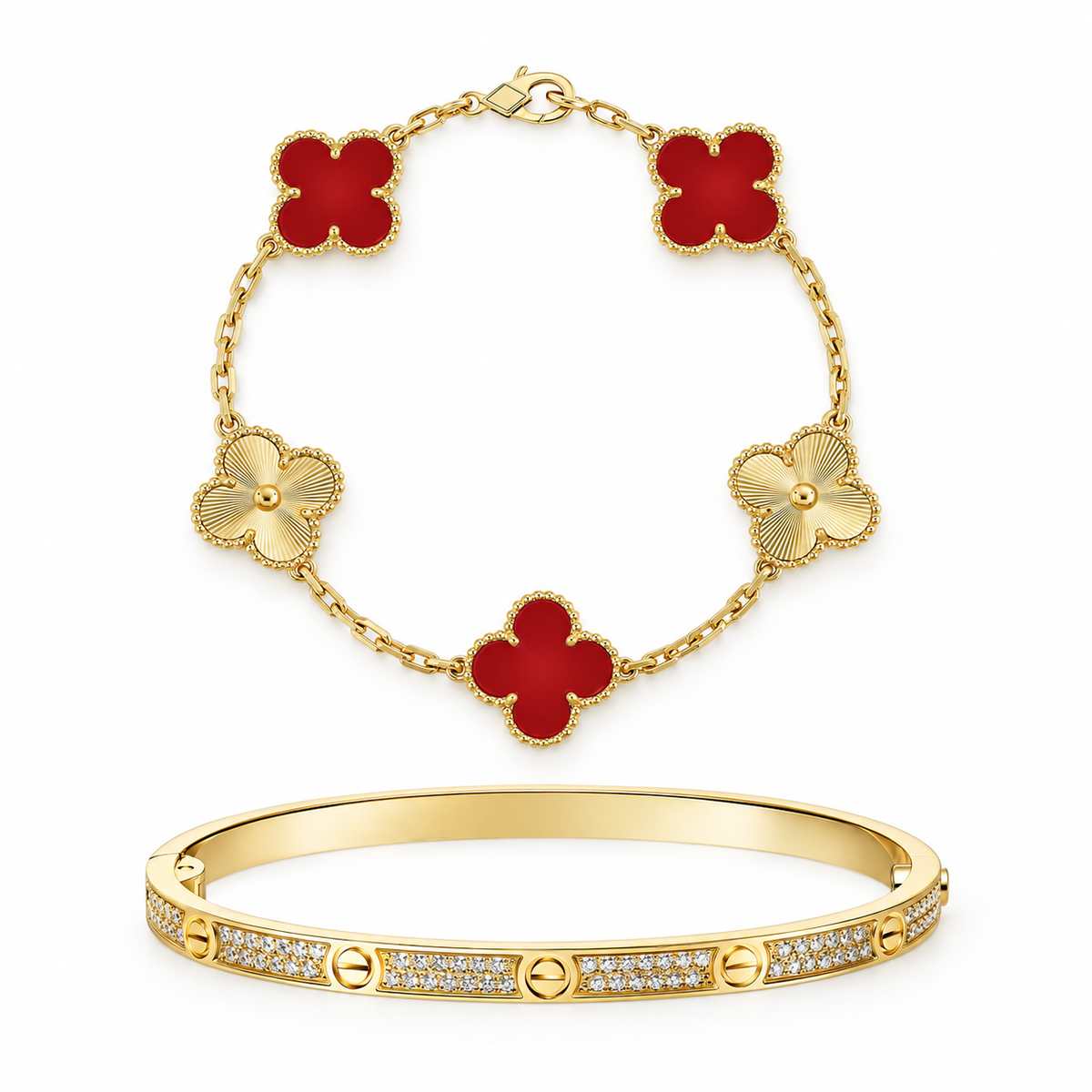 [Oakjuri™ Jewelry] ]Clover & Love Diamond-Paved Radiant Line 2-Piece Bracelet Stack Set