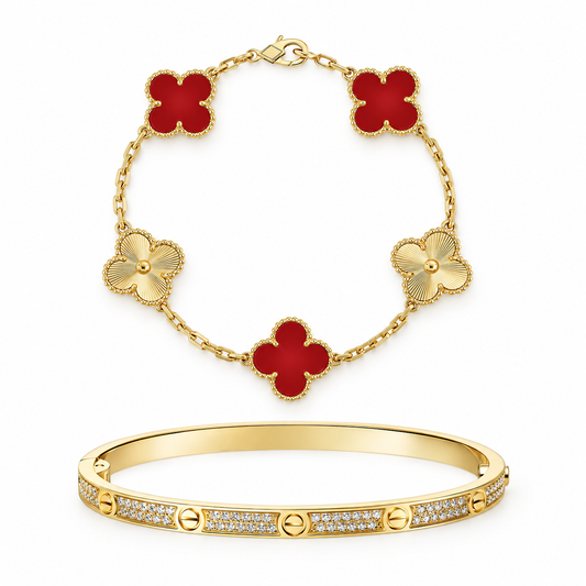 [Oakjuri™ Jewelry] ]Clover & Love Diamond-Paved Radiant Line 2-Piece Bracelet Stack Set
