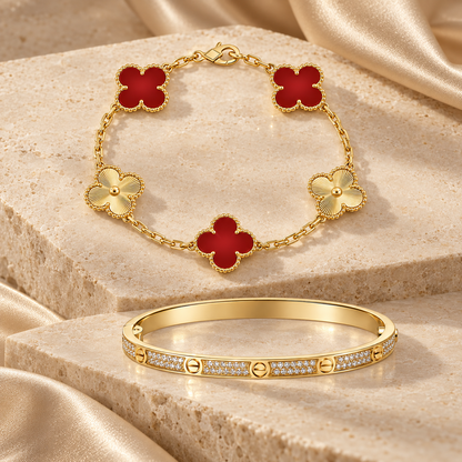 [Oakjuri™ Jewelry] ]Clover & Love Diamond-Paved Radiant Line 2-Piece Bracelet Stack Set