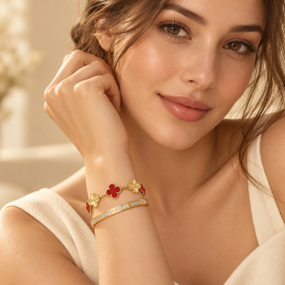 [Oakjuri™ Jewelry] ]Clover & Love Diamond-Paved Radiant Line 2-Piece Bracelet Stack Set