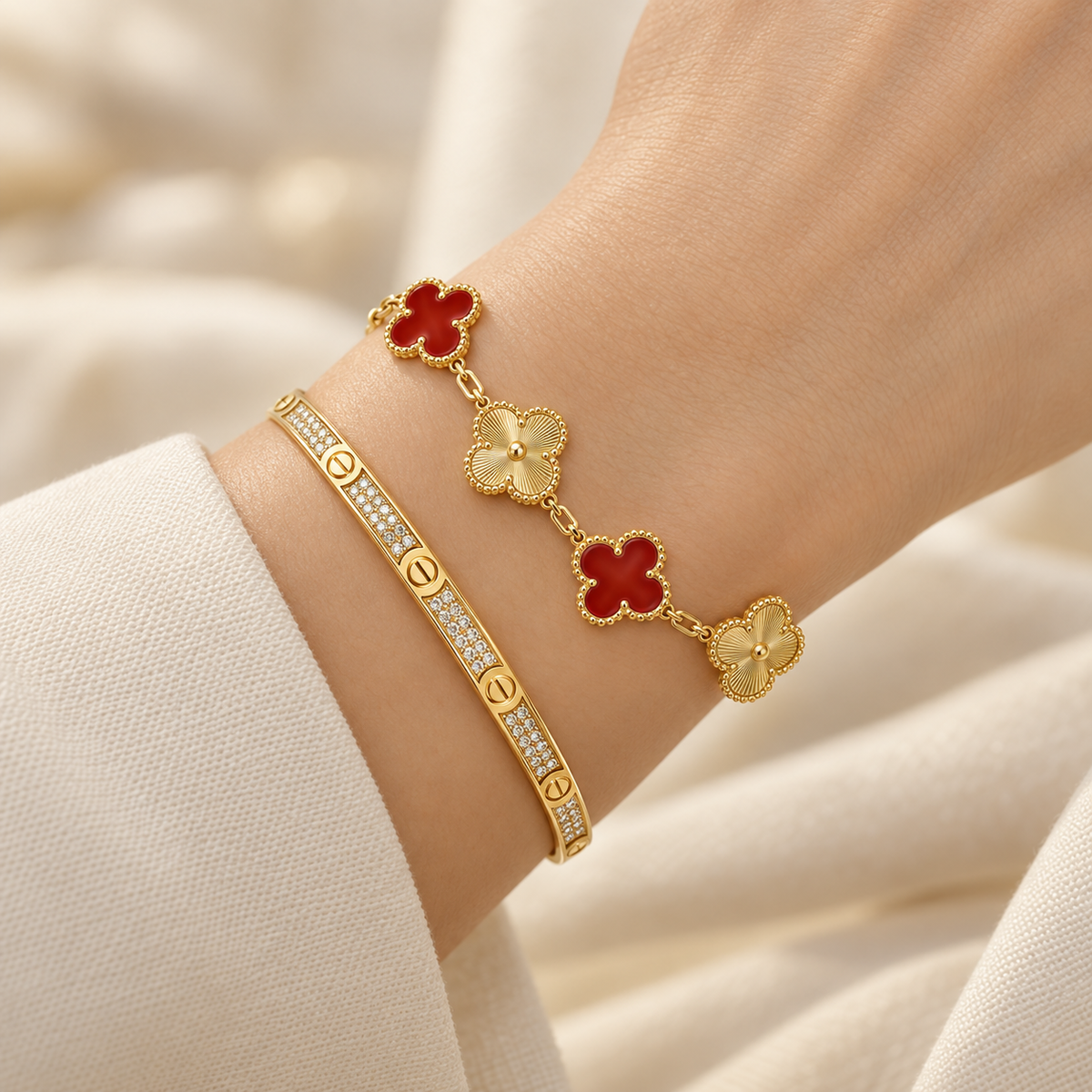 [Oakjuri™ Jewelry] ]Clover & Love Diamond-Paved Radiant Line 2-Piece Bracelet Stack Set