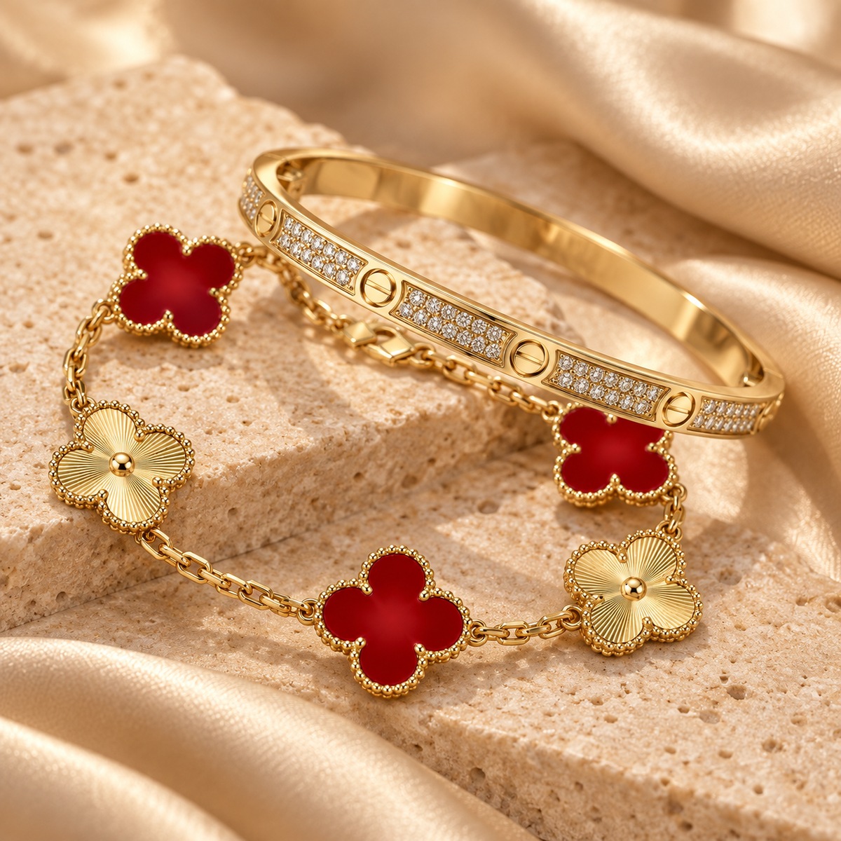 [Oakjuri™ Jewelry] ]Clover & Love Diamond-Paved Radiant Line 2-Piece Bracelet Stack Set
