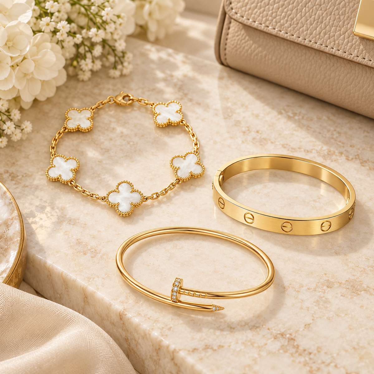 [Oakjuri™ Jewelry] ]Clover & Lover & Juste Bracelet Stack Set
