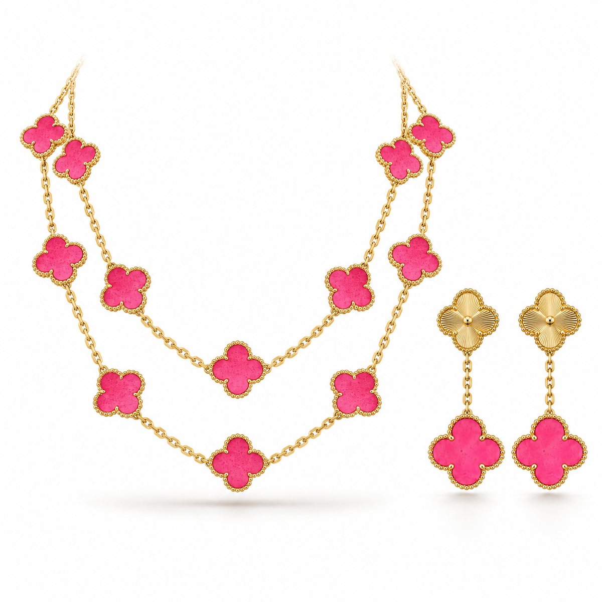 [Oakjuri™ Jewelry] ]Clover Pink Enamel Necklace & Earring Jewelry Set