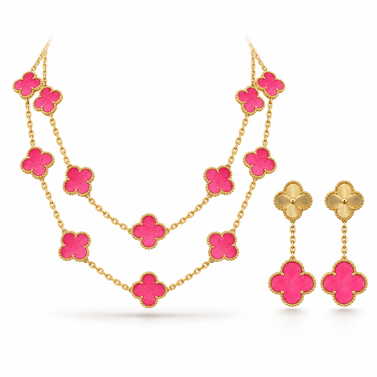 [Oakjuri™ Jewelry] ]Clover Pink Enamel Necklace & Earring Jewelry Set