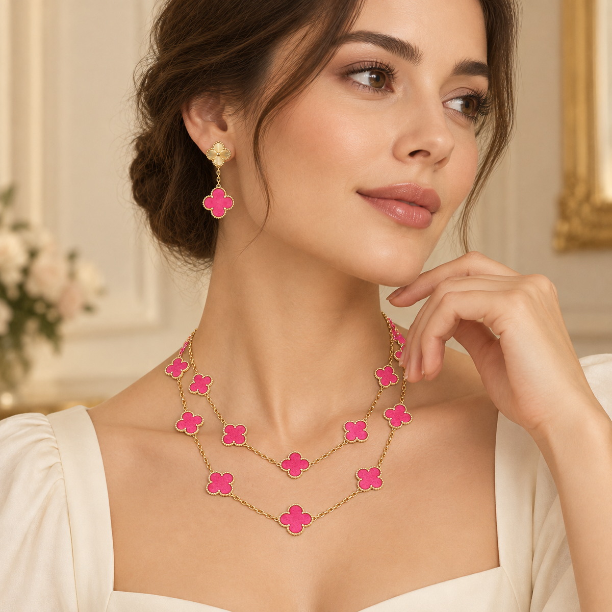 [Oakjuri™ Jewelry] ]Clover Pink Enamel Necklace & Earring Jewelry Set
