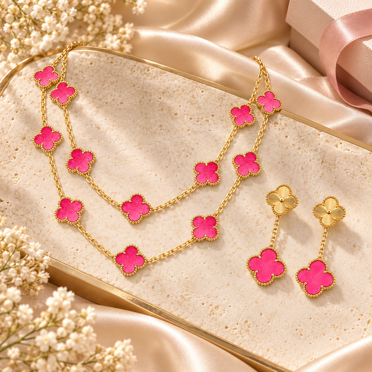 [Oakjuri™ Jewelry] ]Clover Pink Enamel Necklace & Earring Jewelry Set