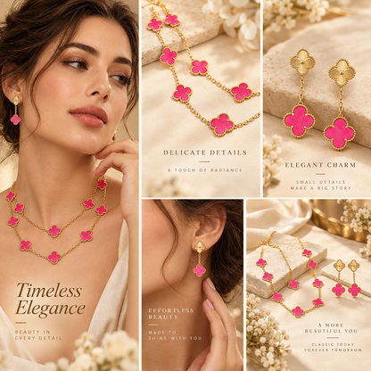 [Oakjuri™ Jewelry] ]Clover Pink Enamel Necklace & Earring Jewelry Set