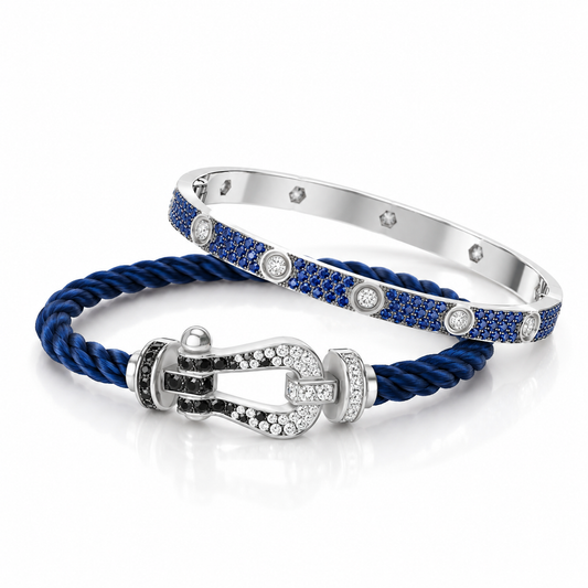 [Oakjuri™ Jewelry] ]Pave Gemstone Love &Force Large Horseshoe Diamond Duo Bracelet Stack Set