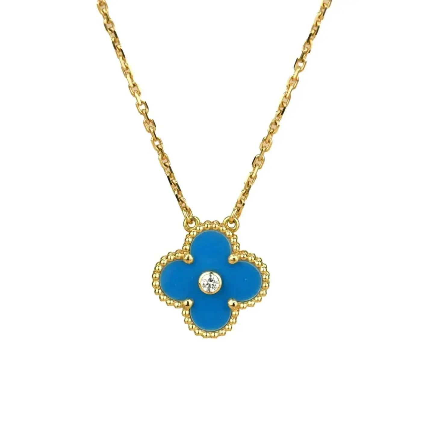 [Okajuri Jewelry]CLOVER 15MM DIAMOND AND BLUE AGATE NECKLACE