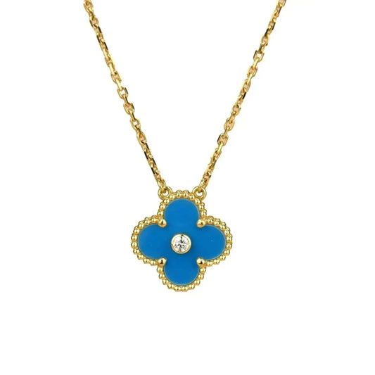 [Okajuri Jewelry]CLOVER 15MM DIAMOND AND BLUE AGATE NECKLACE
