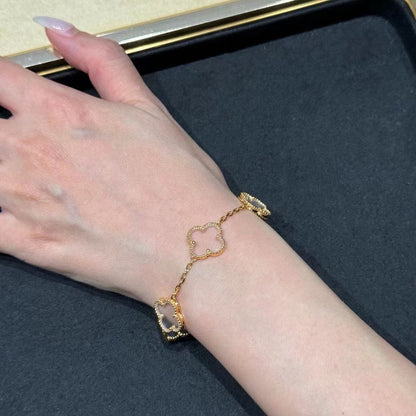 [Okajuri Jewelry]CLOVER 5 MOTIF ROCK CRYSTAL PINK GOLD BRACELET