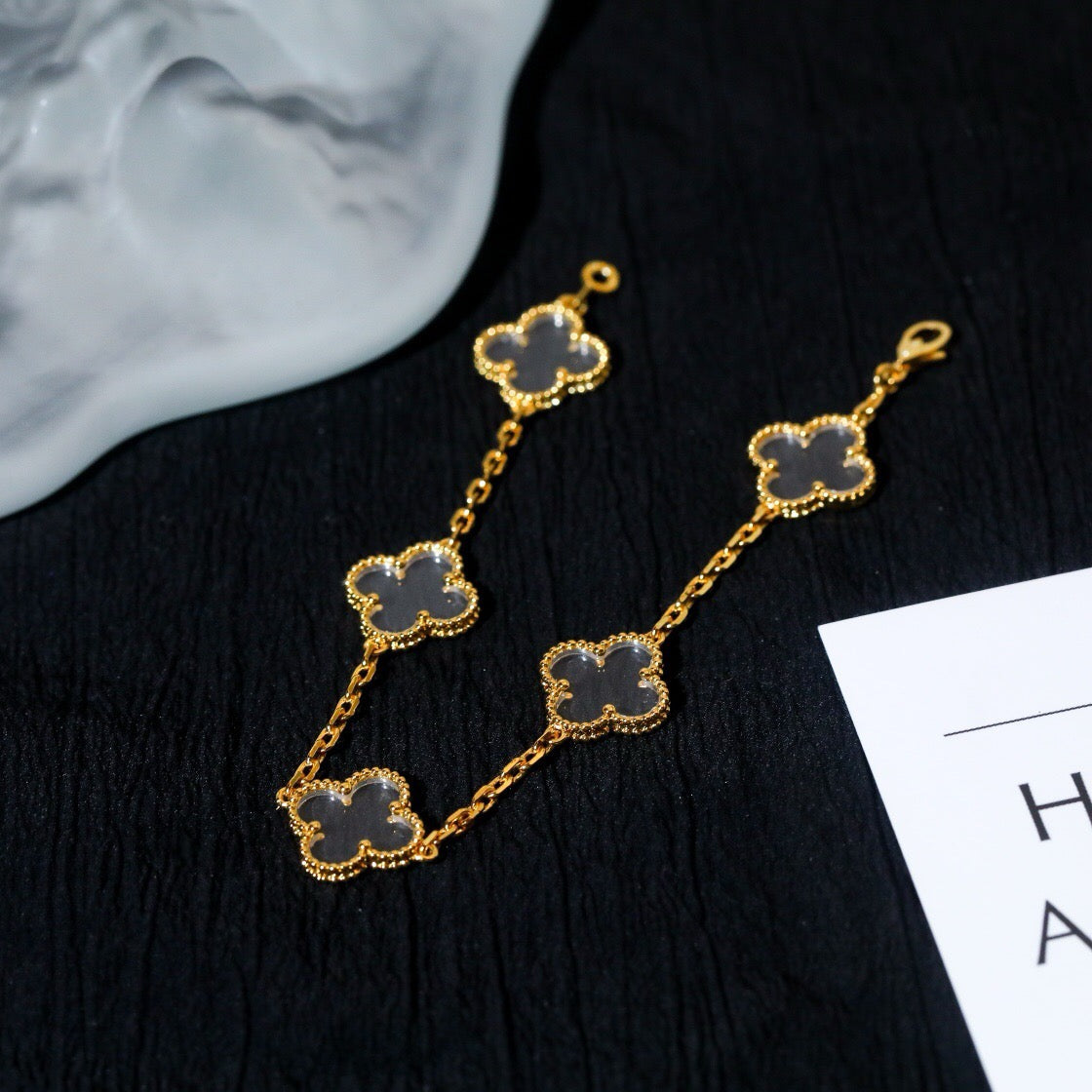 [Okajuri Jewelry]CLOVER 5 MOTIF ROCK CRYSTAL PINK GOLD BRACELET