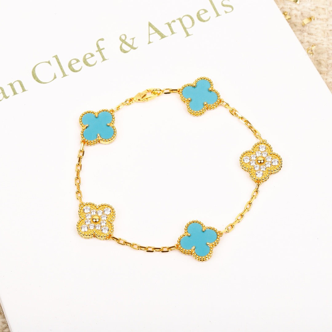 [Okajuri Jewelry]CLOVER 5 MOTIF TURQUOISE DIAMOND GOLD BRACELET