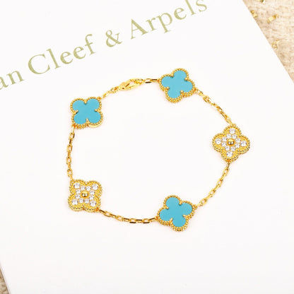 [Okajuri Jewelry]CLOVER 5 MOTIF TURQUOISE DIAMOND GOLD BRACELET
