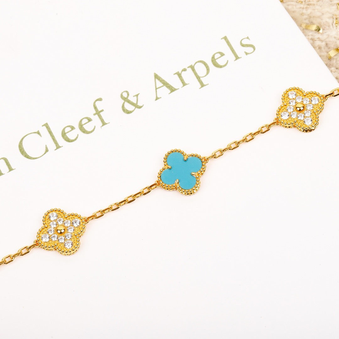 [Okajuri Jewelry]CLOVER 5 MOTIF TURQUOISE DIAMOND GOLD BRACELET