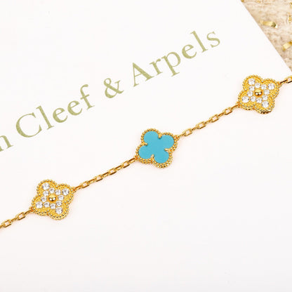 [Okajuri Jewelry]CLOVER 5 MOTIF TURQUOISE DIAMOND GOLD BRACELET
