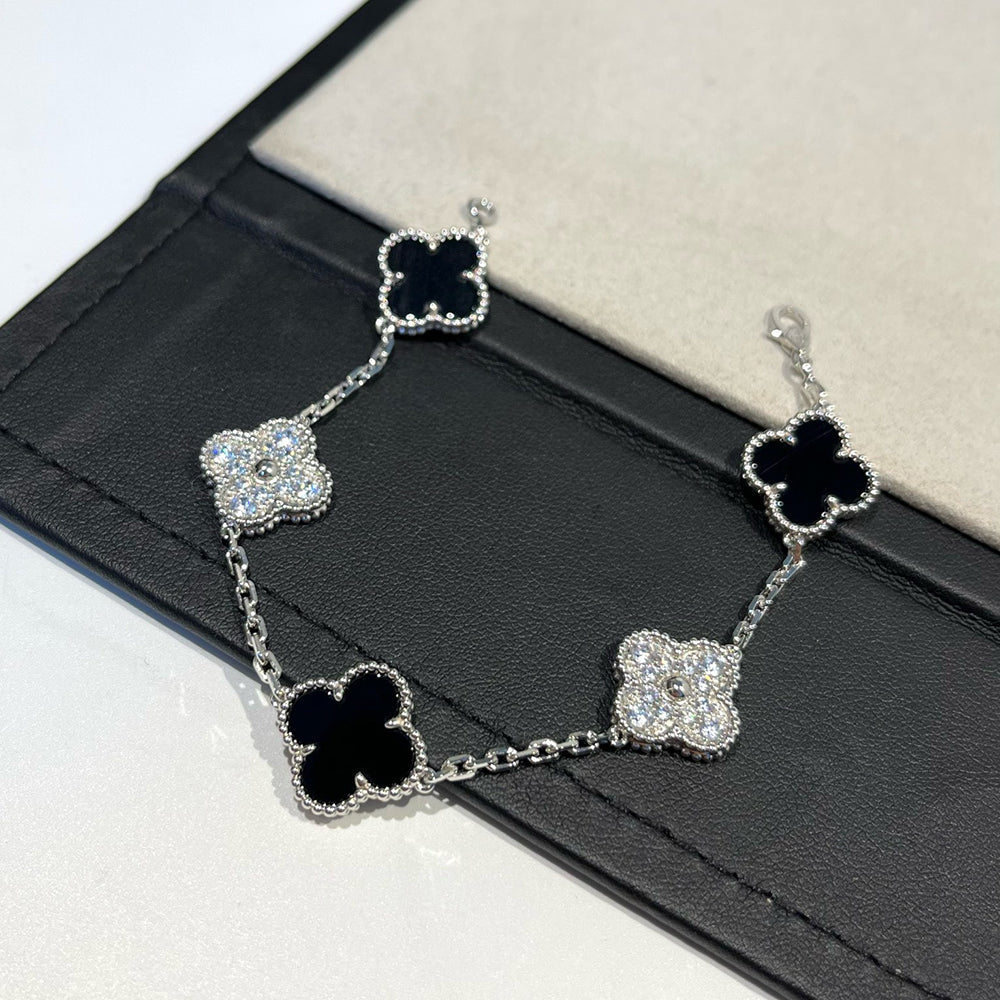 [Okajuri Jewelry]CLOVER 5 MOTIF ONYXS DIAMOND BRACELET SILVER