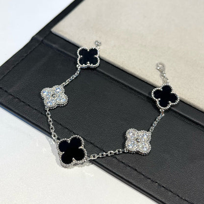 [Okajuri Jewelry]CLOVER 5 MOTIF ONYXS DIAMOND BRACELET SILVER