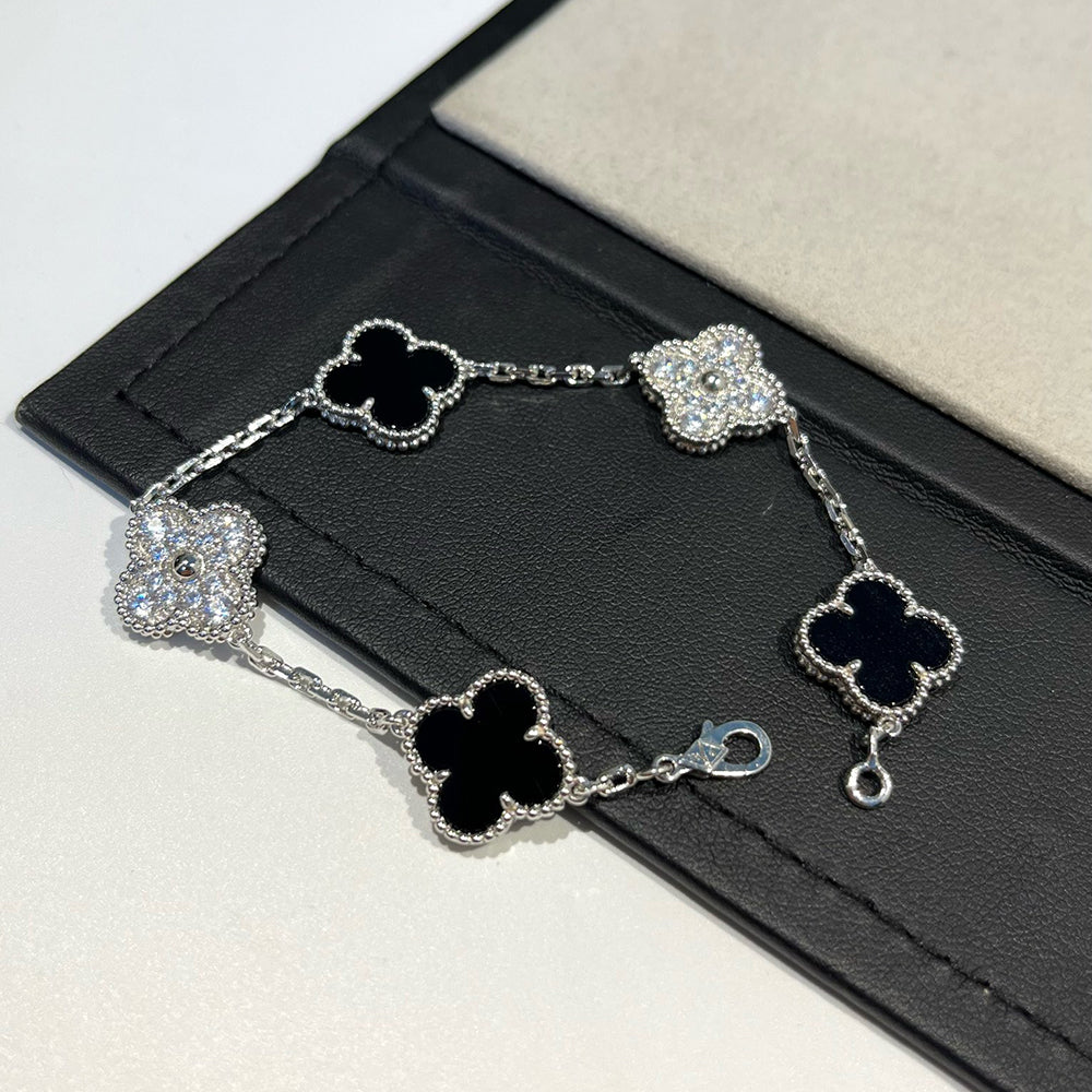 [Okajuri Jewelry]CLOVER 5 MOTIF ONYXS DIAMOND BRACELET SILVER