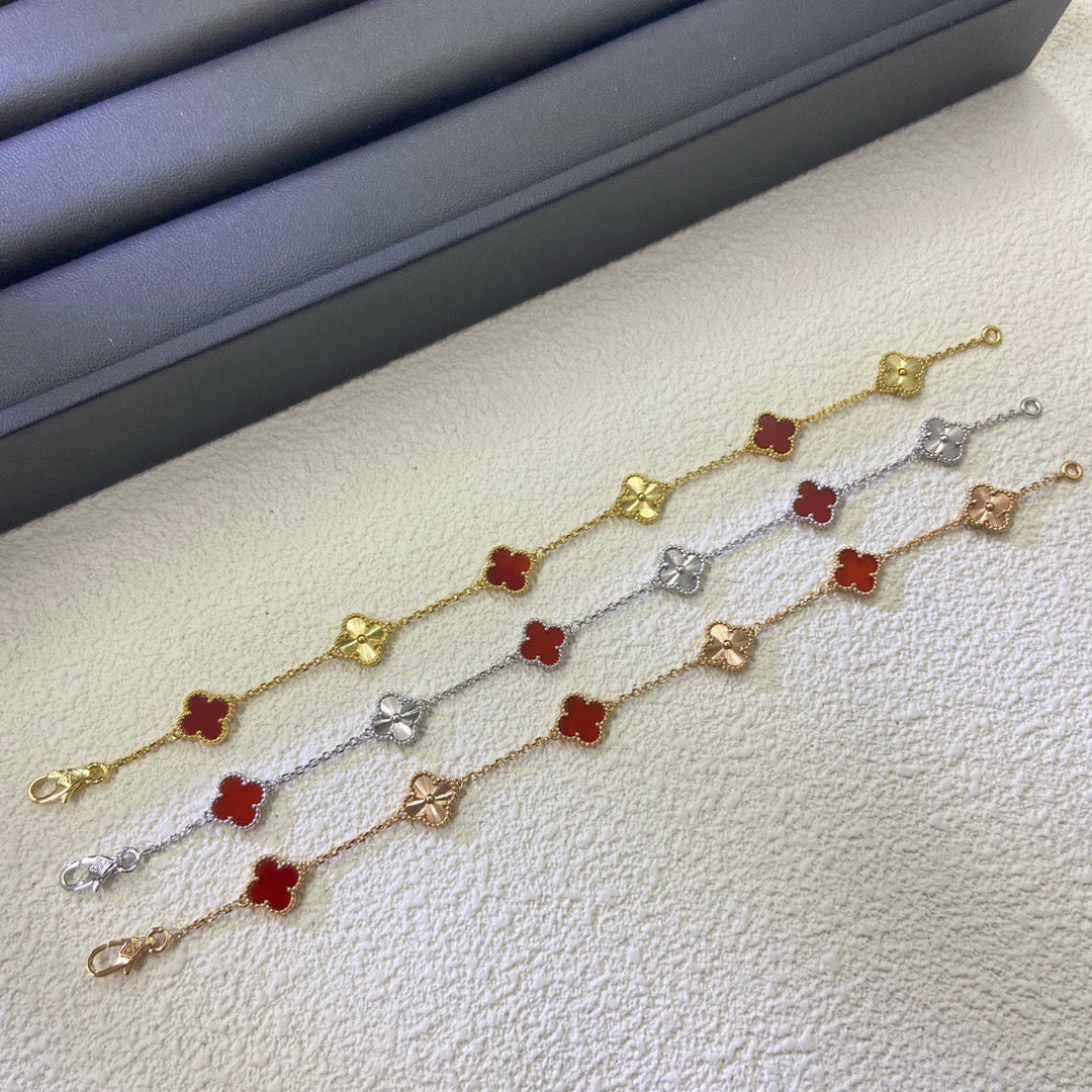 [Okajuri Jewelry]CLOVER 6 MOTIF RED AGATE LASER BRACELET