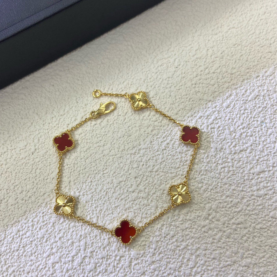 [Okajuri Jewelry]CLOVER 6 MOTIF RED AGATE LASER BRACELET