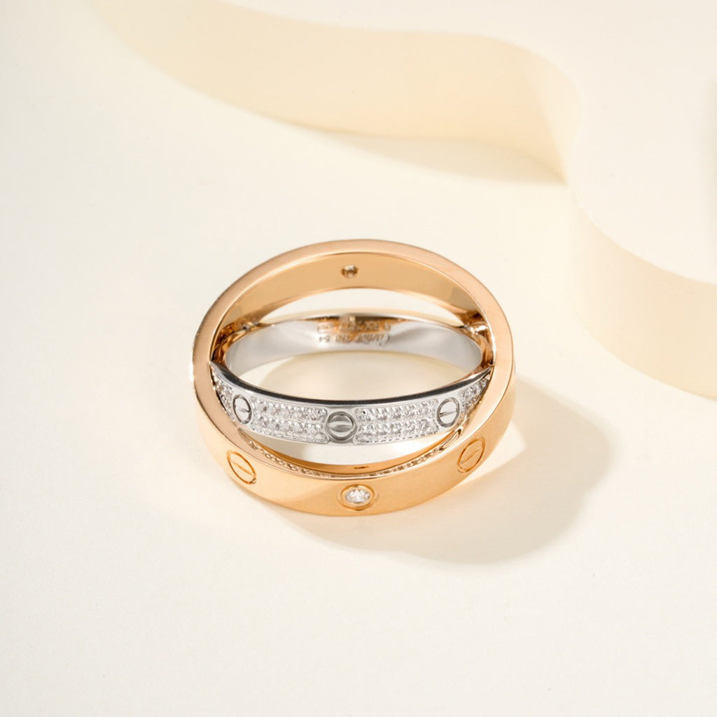 [Okajuri Jewelry] LOVE PINK GOLD SILVER DIAMOND DOUBLE RING