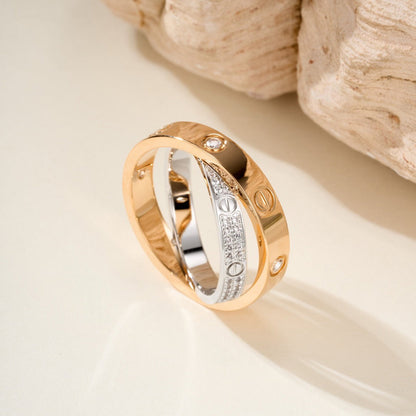 [Okajuri Jewelry] LOVE PINK GOLD SILVER DIAMOND DOUBLE RING