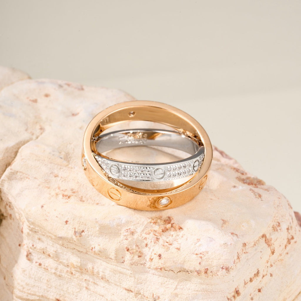 [Okajuri Jewelry] LOVE PINK GOLD SILVER DIAMOND DOUBLE RING