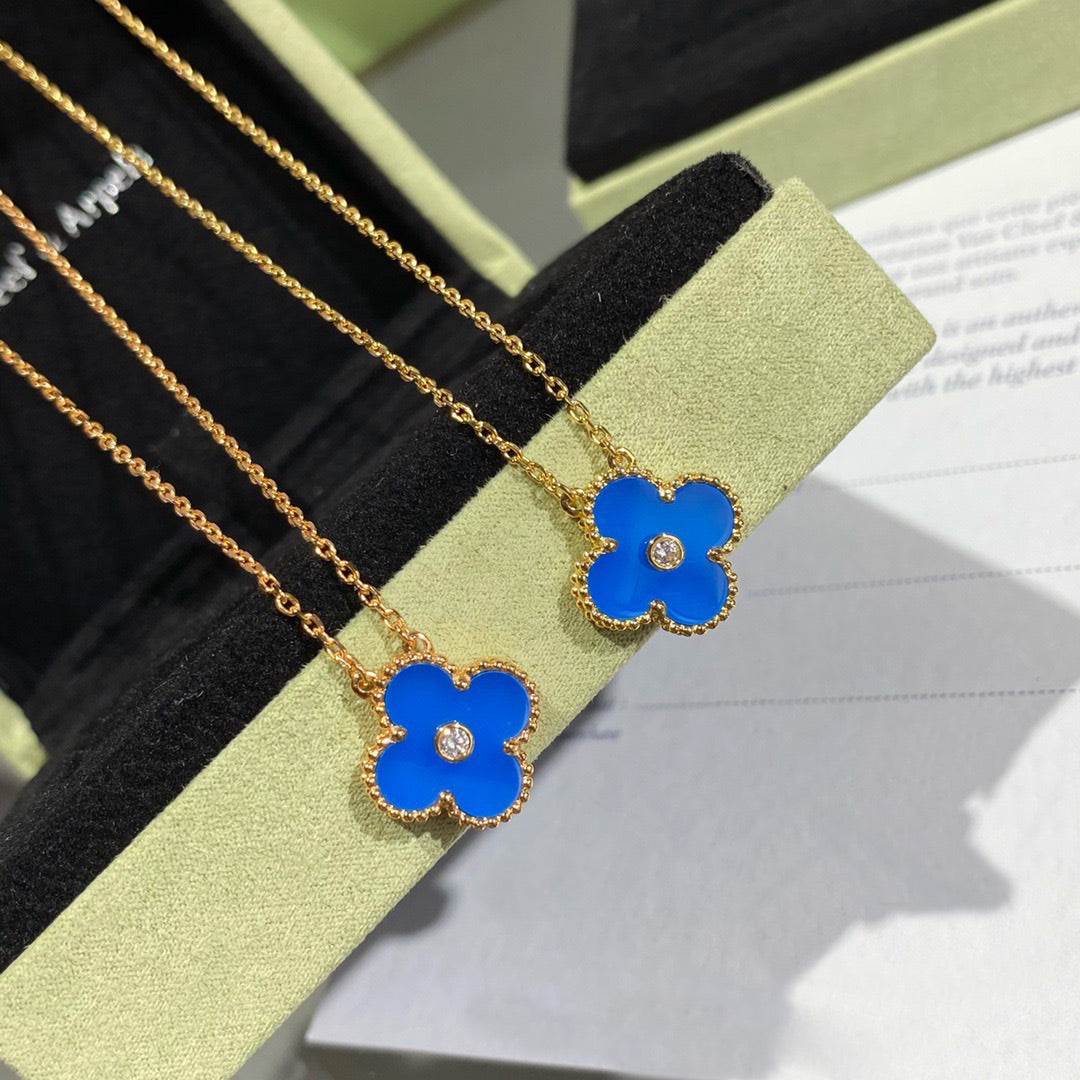 [Okajuri Jewelry]CLOVER 15MM DIAMOND AND BLUE AGATE NECKLACE