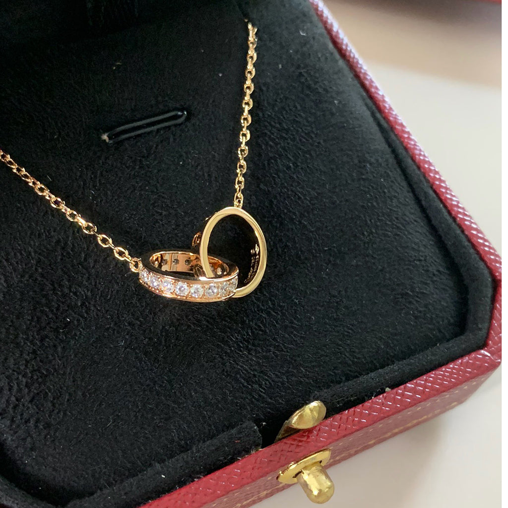 [Okajuri Jewelry] LOVE DOUBLE RING HALF DIAMOND NECKLACE