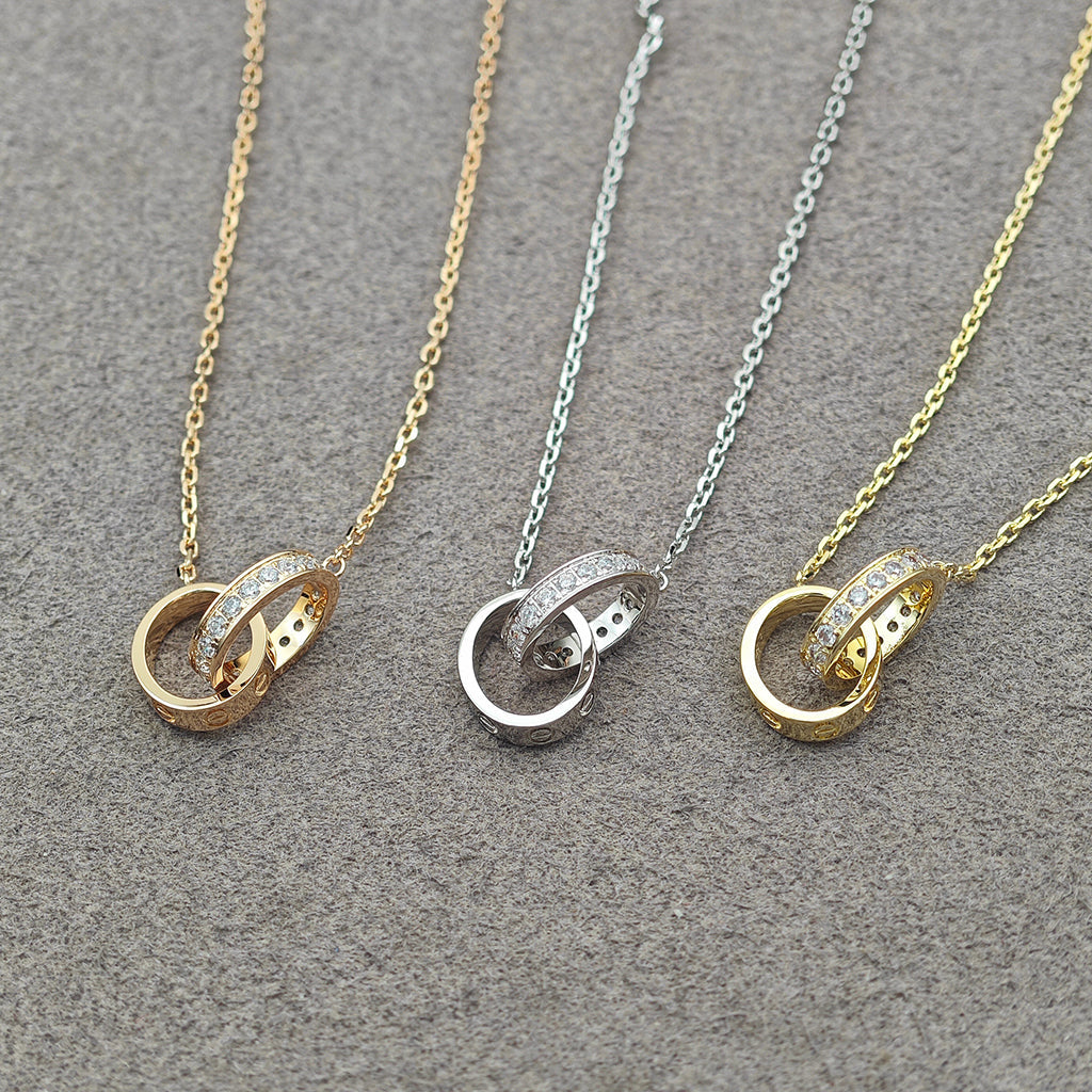 [Okajuri Jewelry] LOVE DOUBLE RING HALF DIAMOND NECKLACE