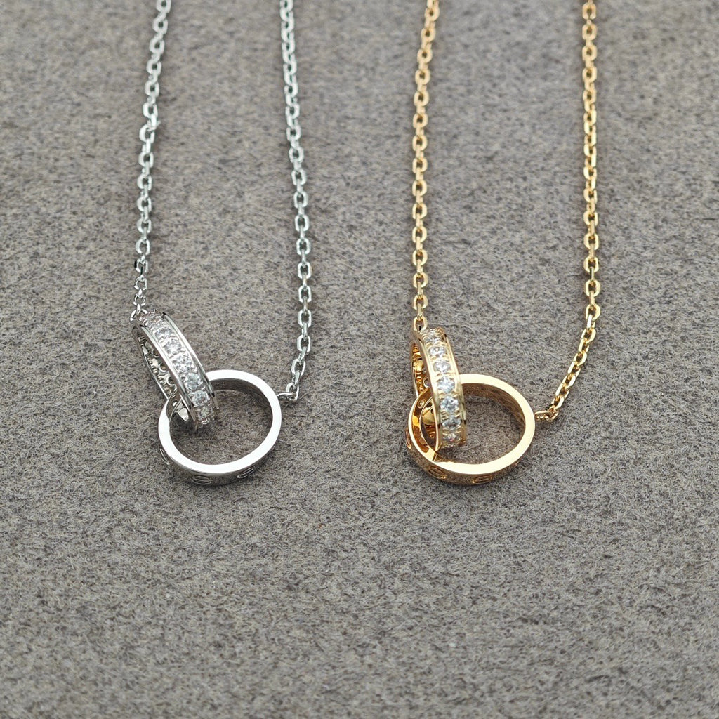 [Okajuri Jewelry] LOVE DOUBLE RING HALF DIAMOND NECKLACE