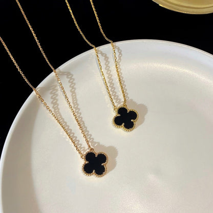 [Okajuri Jewelry]CLOVER 15MM BLACK ONYX SINGLE FLOWER NECKLACE