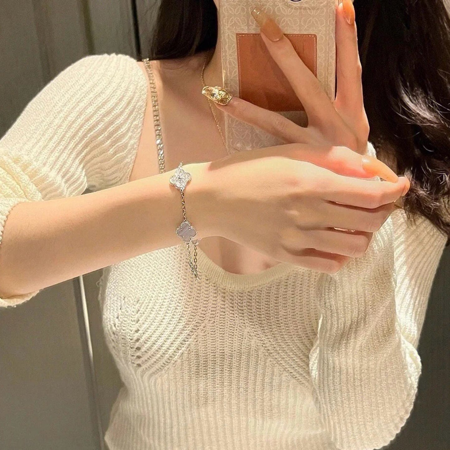 [Okajuri Jewelry]CLOVER  5 MOTIF DIAMOND PURPLE CHALCEDONY BRACELET SILVER