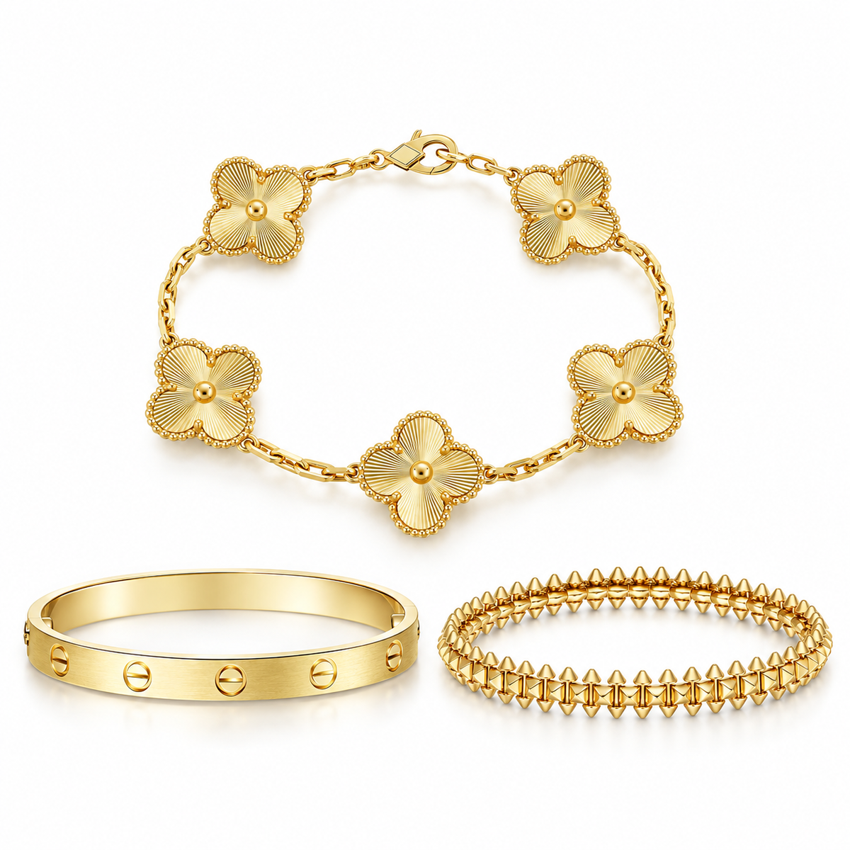 [Oakjuri™ Jewelry] ] CLASH & Clover Laser 5-Motif & LOVE Brushed Bracelet Stack Set