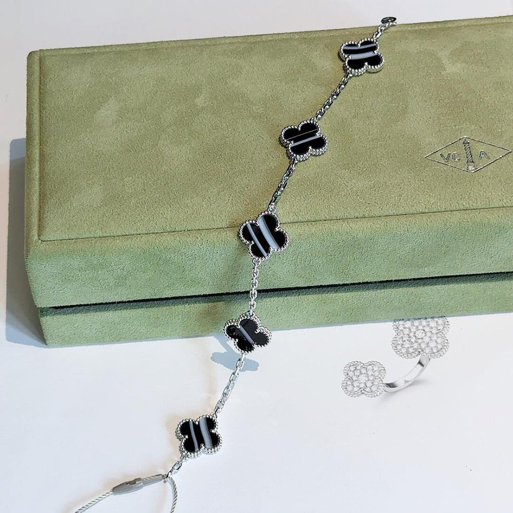 [Okajuri Jewelry]CLOVER 5 MOTIF VEINED ONYX BRACELET SILVER