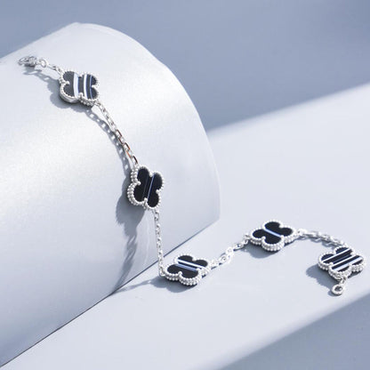 [Okajuri Jewelry]CLOVER 5 MOTIF VEINED ONYX BRACELET SILVER
