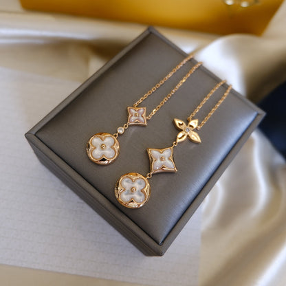 [Okajuri Jewelry]COLOR BLOSSOM LARIAT NECKLACE PINK GOLD WHITE MOTHER PEARL AND DIAMOND