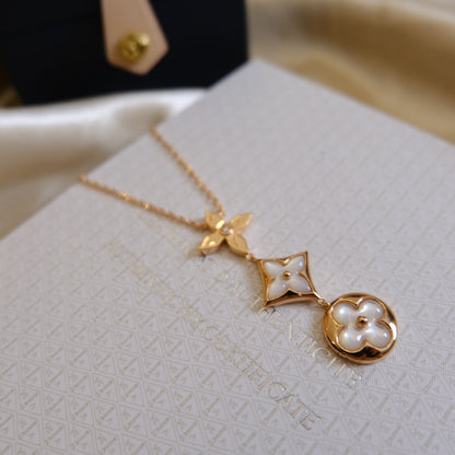 [Okajuri Jewelry]COLOR BLOSSOM LARIAT NECKLACE PINK GOLD WHITE MOTHER PEARL AND DIAMOND